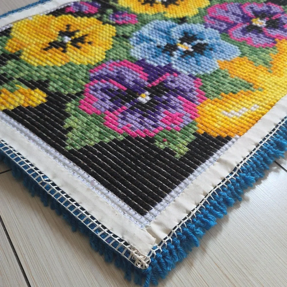 Completed Caron Wonderart Pot of Pansies Rug